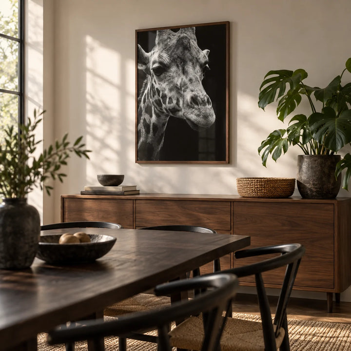 Giraffe Photography Poster, framed on the wall of a warm modern dining room