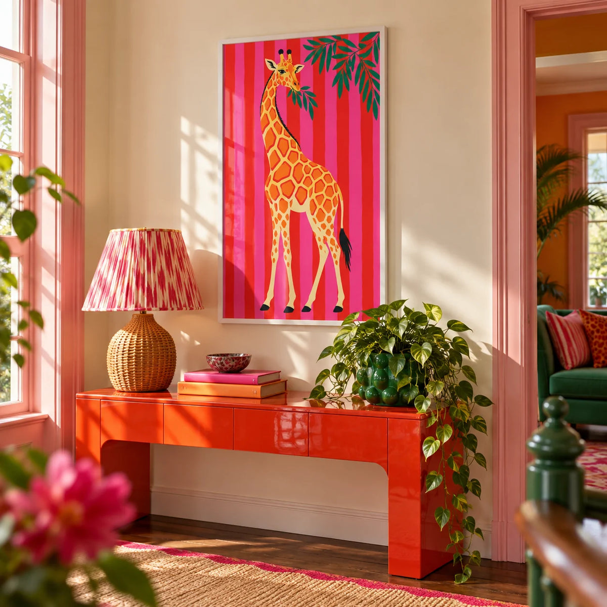 Giraffe Wall Art, framed on the wall of a colourful hallway