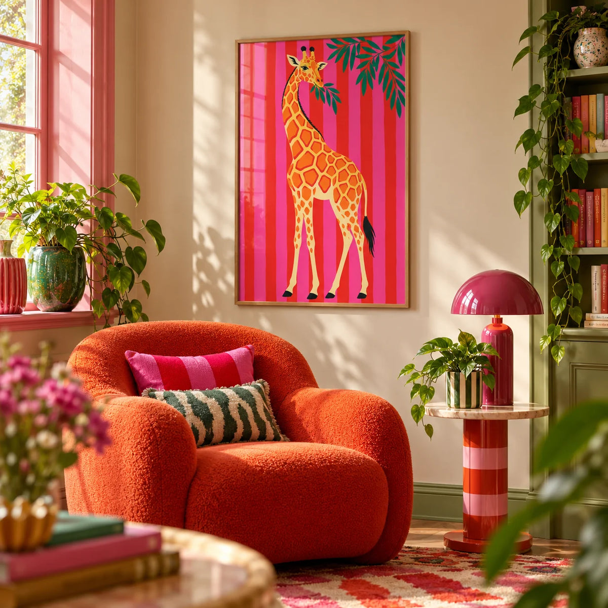Giraffe Wall Art, framed on the wall of a cosy maximalist reading nook in a living room