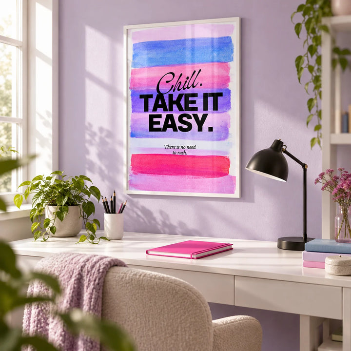 Girl Quotes Poster, framed on the wall of a bright home office with a soft lilac wall
