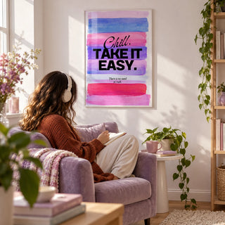 Girl Quotes Poster, framed on the wall of a relaxed corner in a young woman's flat with a white wall in a living room