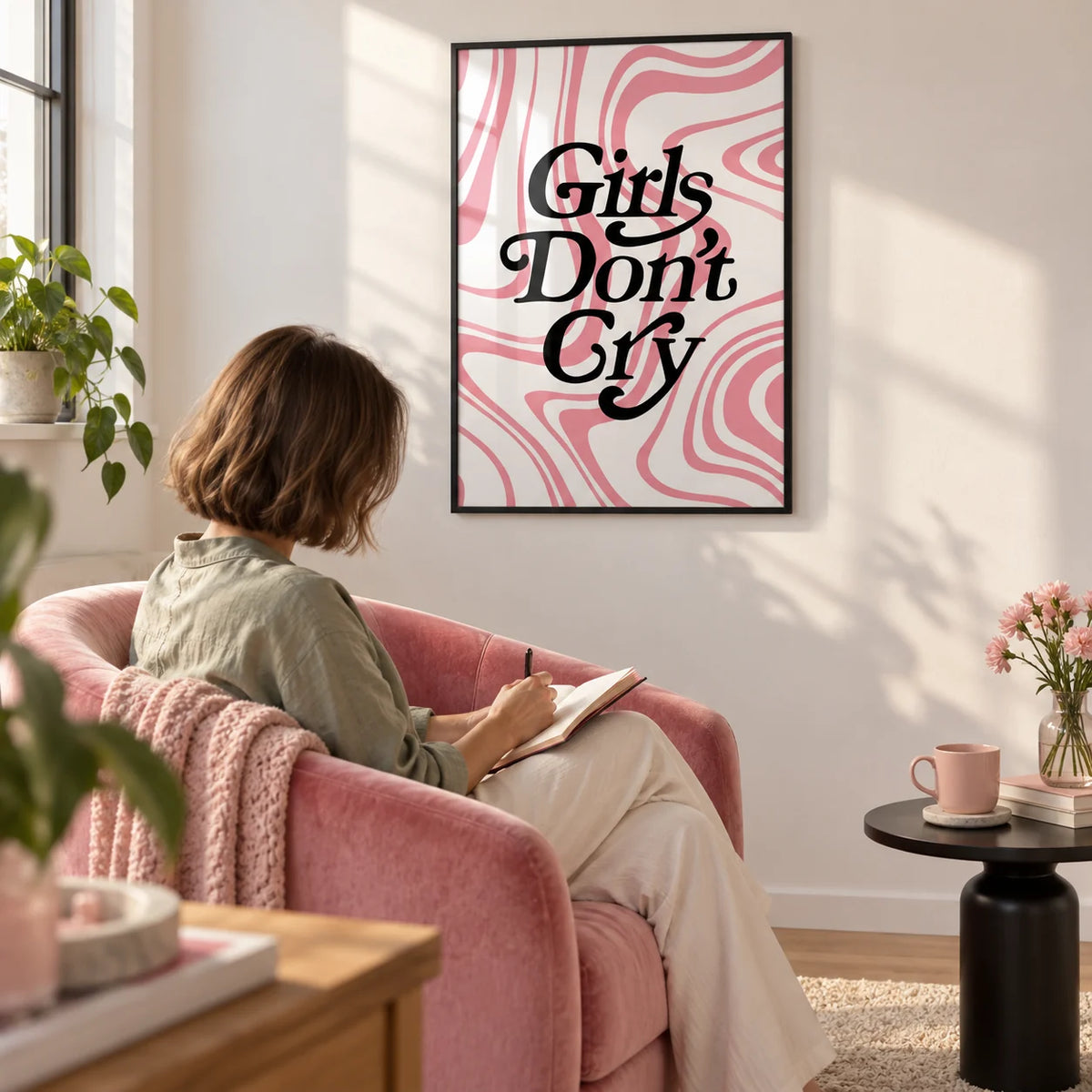 Girls Room Wall Art, framed on the wall of a first-flat living room (22-28) with a white wall