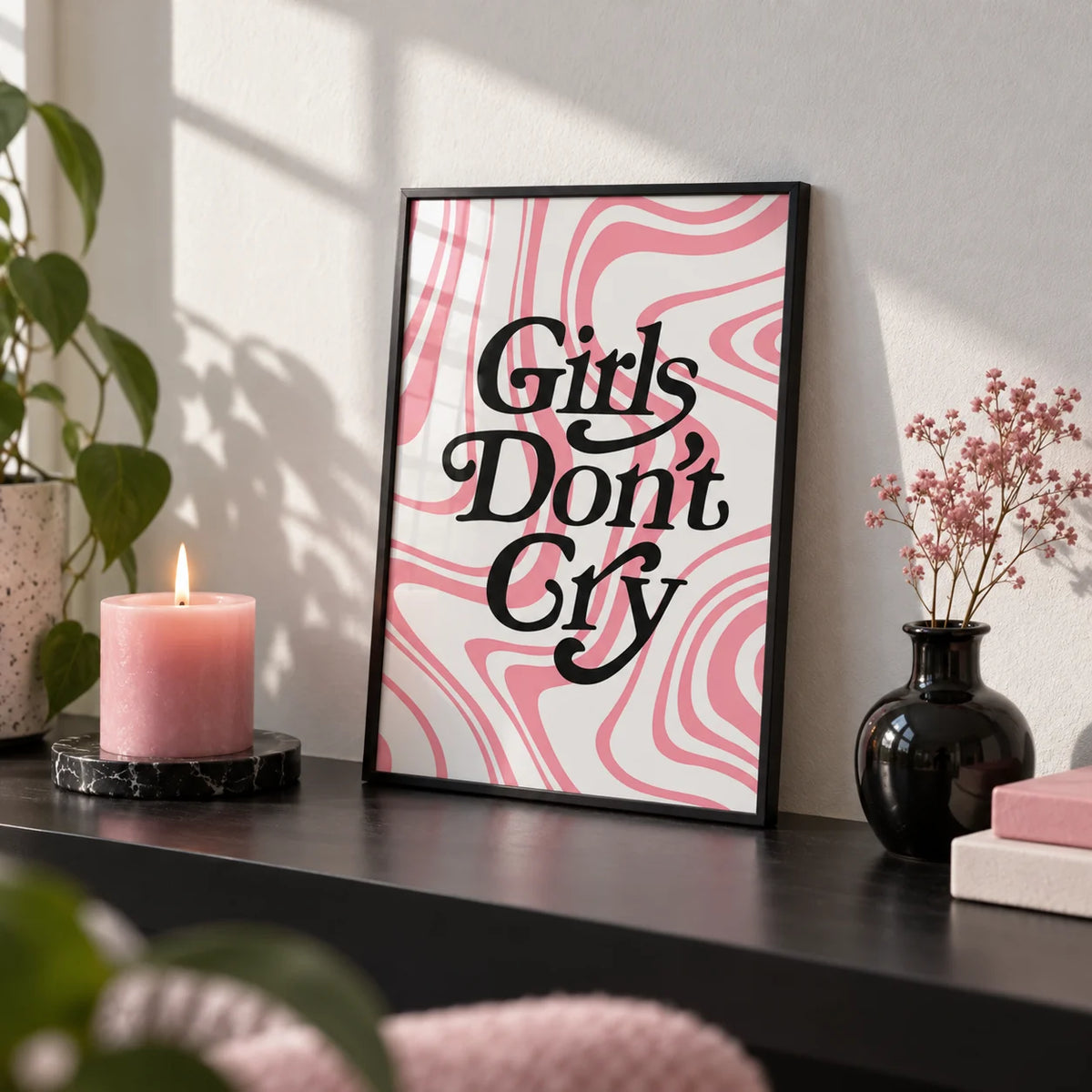 Girls Room Wall Art, a small A4 framed print leaning on a black shelf in a living room
