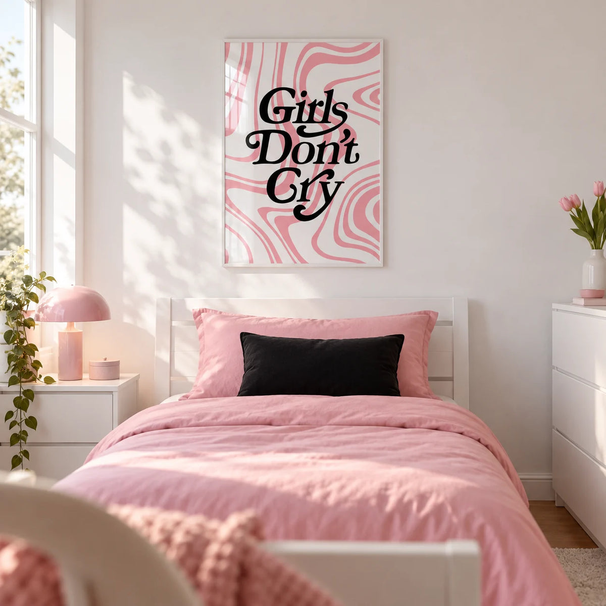 Girls Room Wall Art, framed on the wall of a stylish single bedroom for a teenage girl (14-17) with a white wall