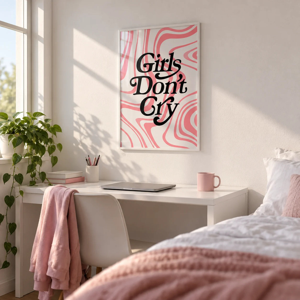 Girls Room Wall Art, framed on the wall of an uni room (18-21) with a white wall in a bedroom