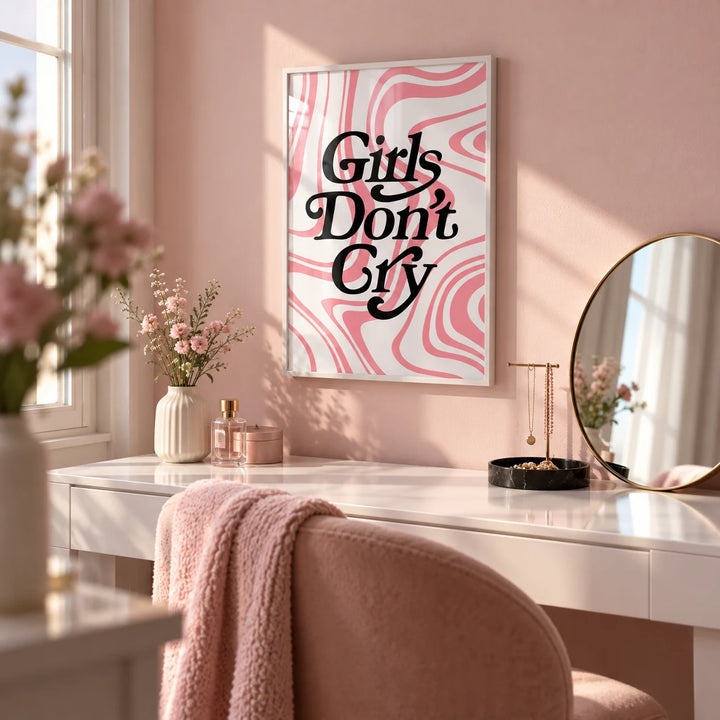 Girls Room Wall Art, framed on the wall of a young woman's dressing corner with a pale pink wall