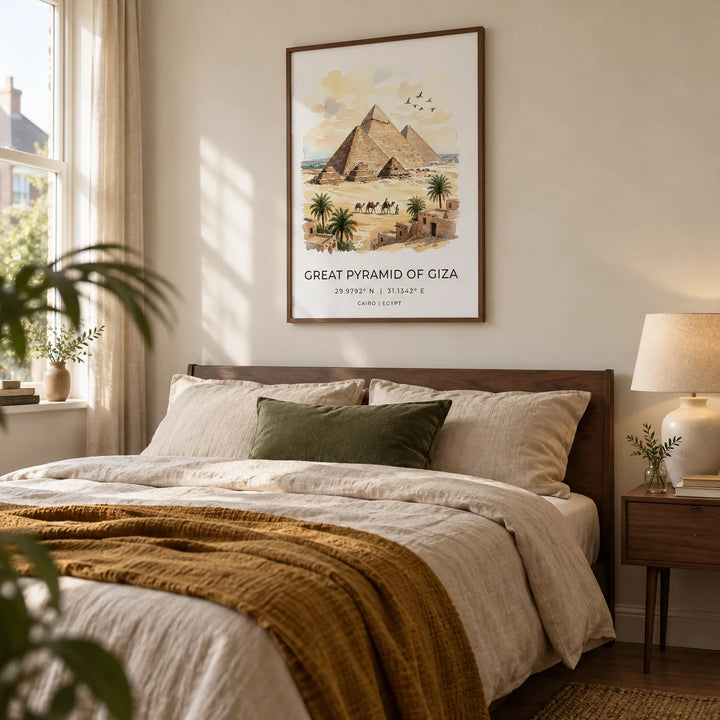 Giza Pyramid Wall Art, framed on the wall of a calm bedroom in a modest UK home with chalky ivory walls and a low walnut double bed