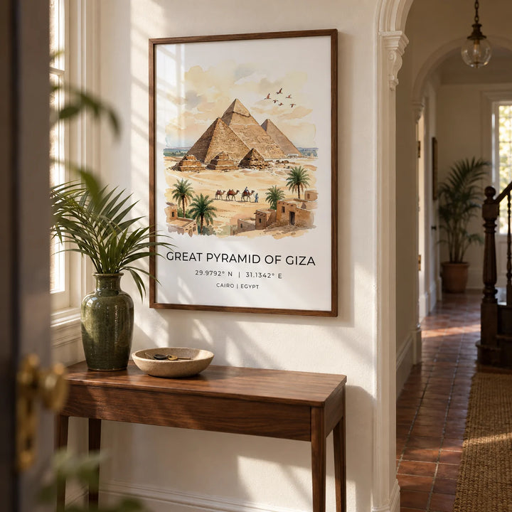 Giza Pyramid Wall Art, framed on the wall of a characterful narrow hallway in a Victorian terrace with warm white walls and terracotta floor tiles