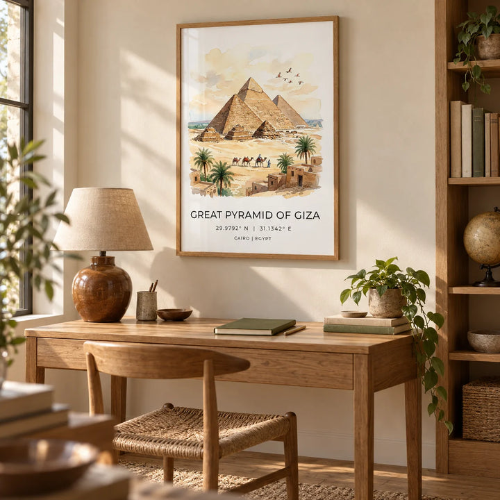 Giza Pyramid Wall Art, framed on the wall of a quiet home study for a travel-loving adult with a pale sand wall and oak shelving holding a few plain-spined books