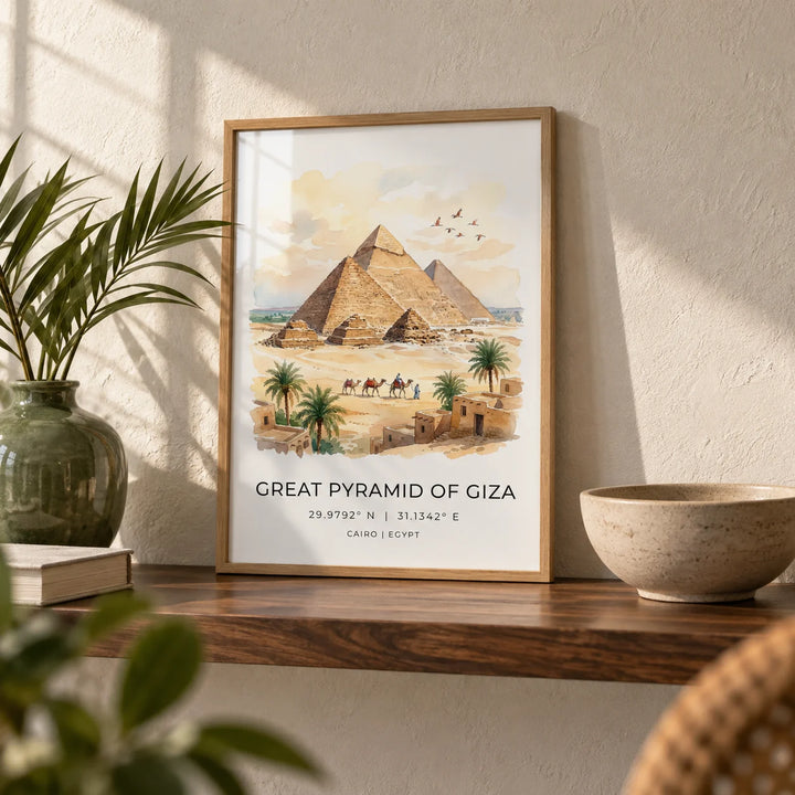 Giza Pyramid Wall Art, a small A4 framed print leaning on a walnut shelf in a living room