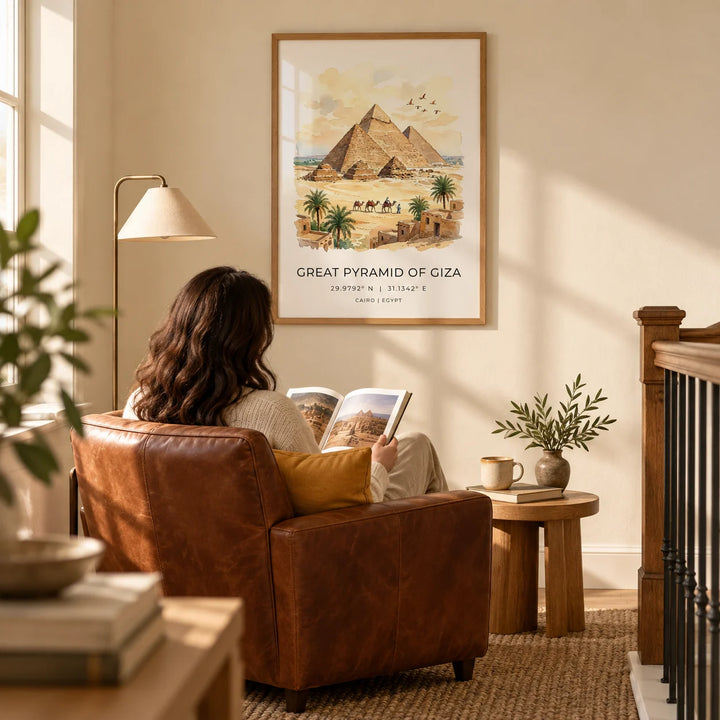 Giza Pyramid Wall Art, framed on the wall of a sunlit reading corner on a spacious landing with a warm cream wall in a living room