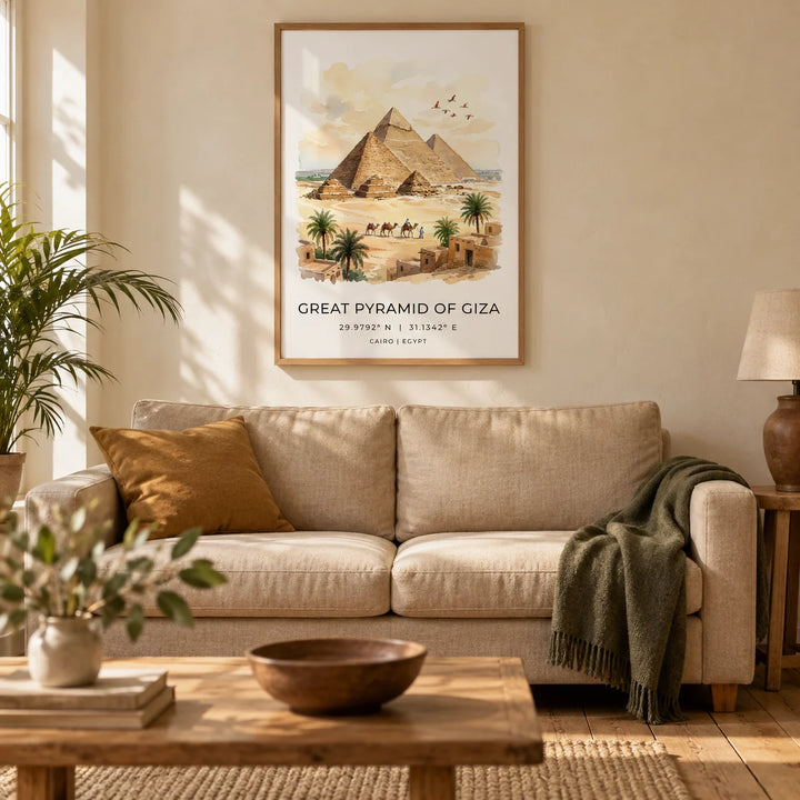 Giza Pyramid Wall Art, framed on the wall of a warm relaxed living room in a UK terraced home with ivory plaster walls and stripped wooden floorboards