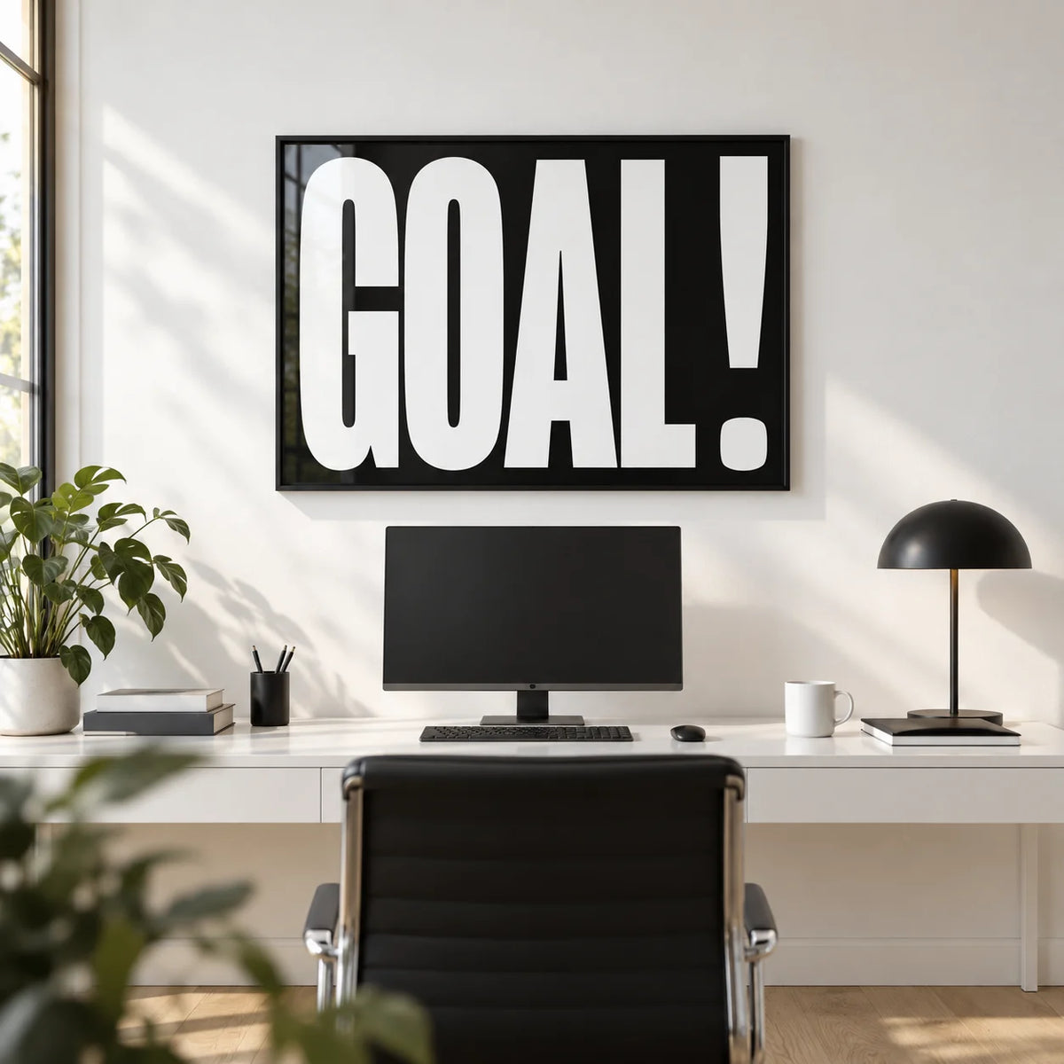 Goal Poster, framed on the wall of a crisp modern home office with a white wall and a pale oak floor