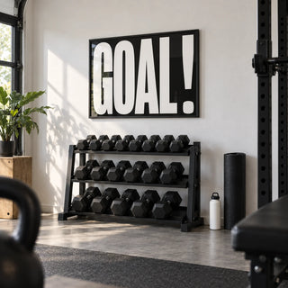 Goal Poster, framed on the wall of a home gym in a garage conversion with a white wall