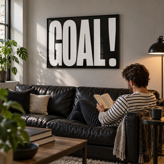 Goal Poster, framed on the wall of a modern man cave with a light grey wall in a living room
