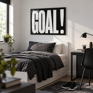 Goal Poster, framed on the wall of a modern single bedroom for a teenage boy (13-17) with a white wall