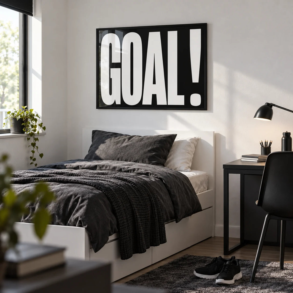 Goal Poster, framed on the wall of a modern single bedroom for a teenage boy (13-17) with a white wall