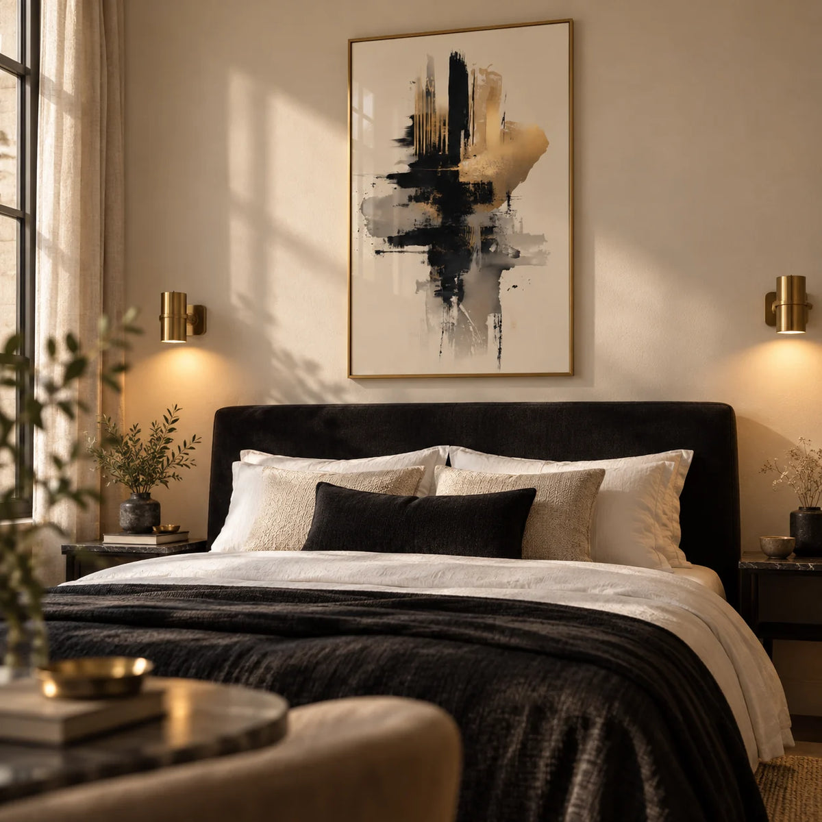 Gold And Black Poster, framed on the wall of a boutique hotel style bedroom with a beige wall