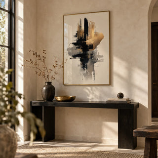 Gold And Black Poster, framed on the wall of an elegant entryway with a limewashed beige wall