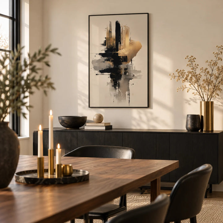 Gold And Black Poster, framed on the wall of a modern dining room with a warm white wall
