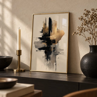 Gold And Black Poster, a small A4 framed print leaning on a black shelf in a living room