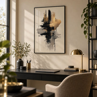 Gold And Black Poster, framed on the wall of a smart home office with a beige wall