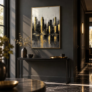 Gold And Black Skyline Poster, framed on the wall of a dark modern hallway with a charcoal wall and a black and white floor