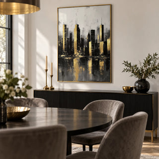 Gold And Black Skyline Poster, framed on the wall of a glamorous dining room with a white wall