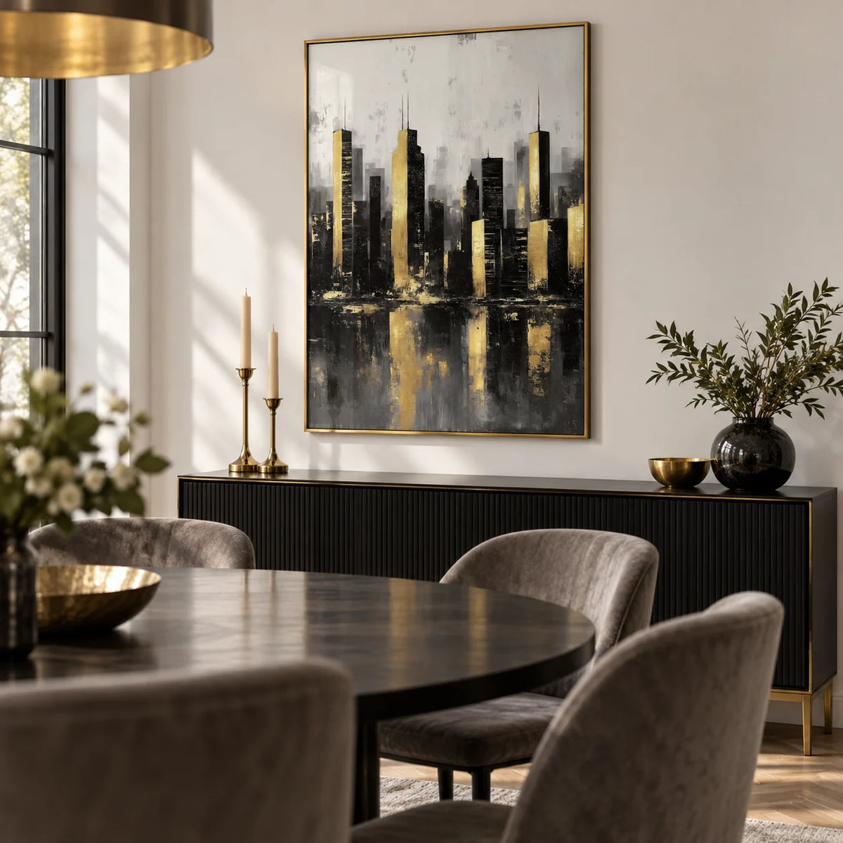 Gold And Black Skyline Poster, framed on the wall of a glamorous dining room with a white wall