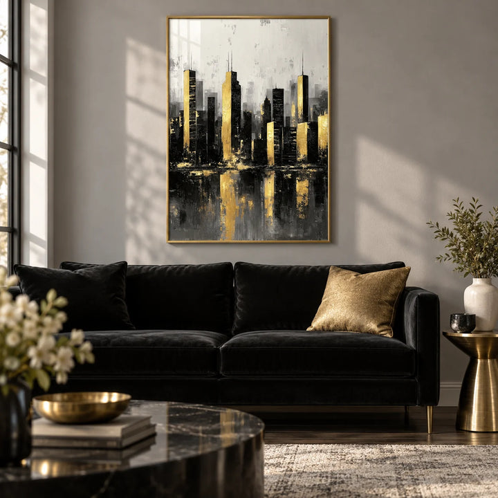 Gold And Black Skyline Poster, framed on the wall of a glamorous modern living room with a soft grey wall and a dark wood floor
