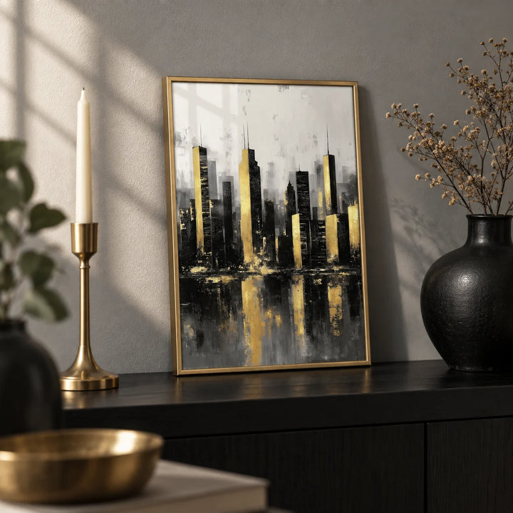 Gold And Black Skyline Poster, a small A4 framed print leaning on a black shelf in a living room