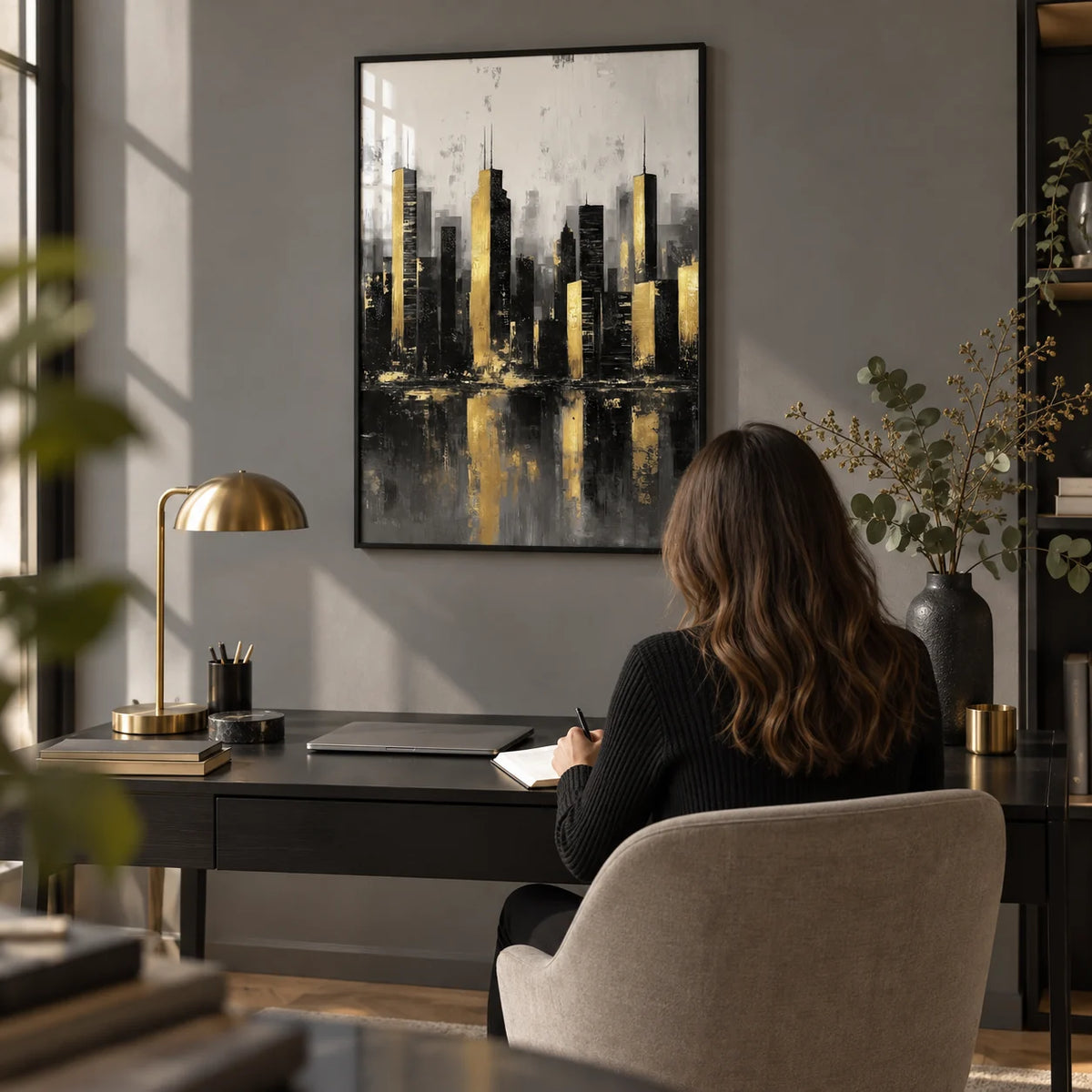 Gold And Black Skyline Poster, framed on the wall of a smart home office with a grey wall