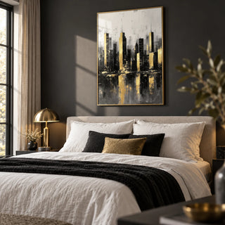 Gold And Black Skyline Poster, framed on the wall of a stylish bedroom with a charcoal wall