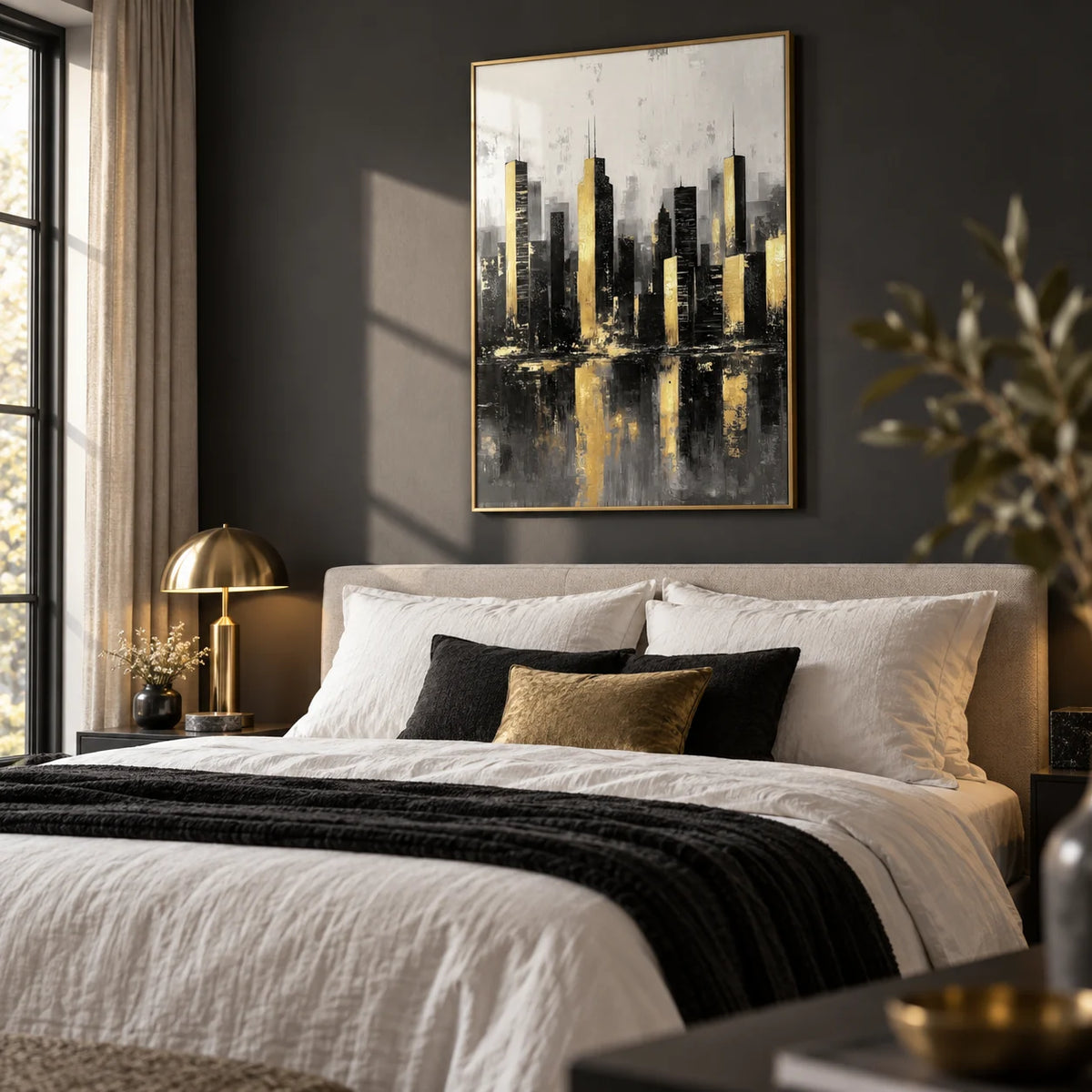 Gold And Black Skyline Poster, framed on the wall of a stylish bedroom with a charcoal wall