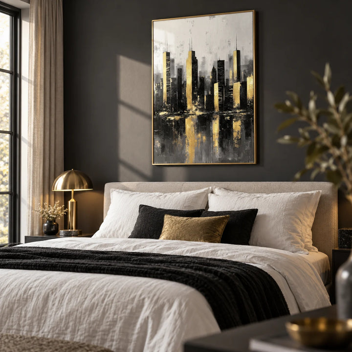 Gold And Black Skyline Poster, framed on the wall of a stylish bedroom with a charcoal wall