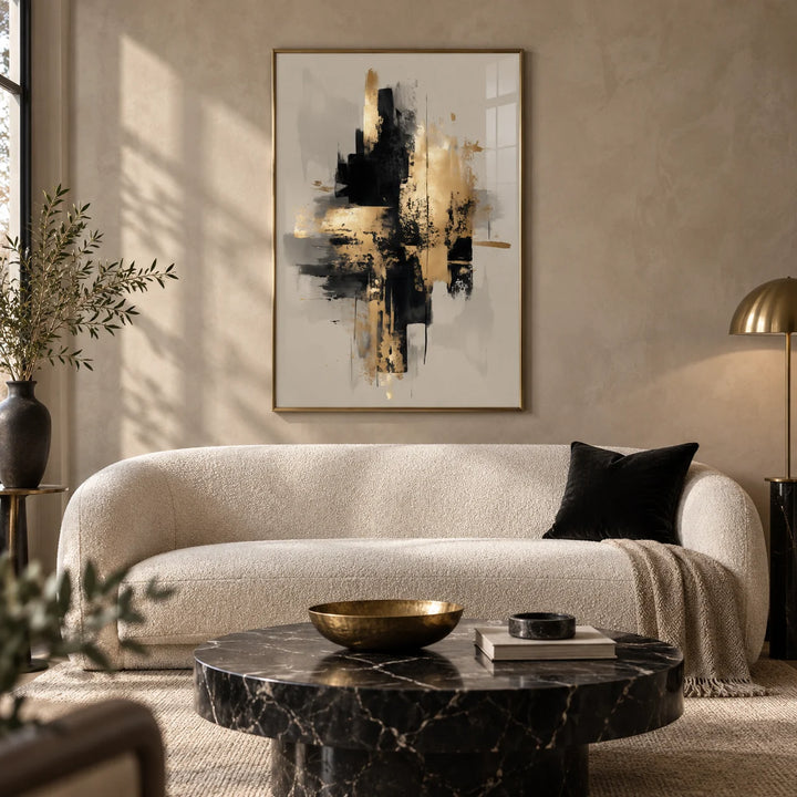Gold Wabi Sabi Print, framed on the wall of an elegant modern living room with a taupe limewashed wall
