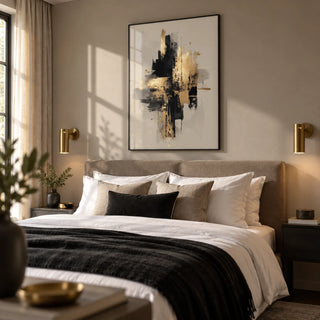 Gold Wabi Sabi Print, framed on the wall of a hotel-style bedroom with a greige wall
