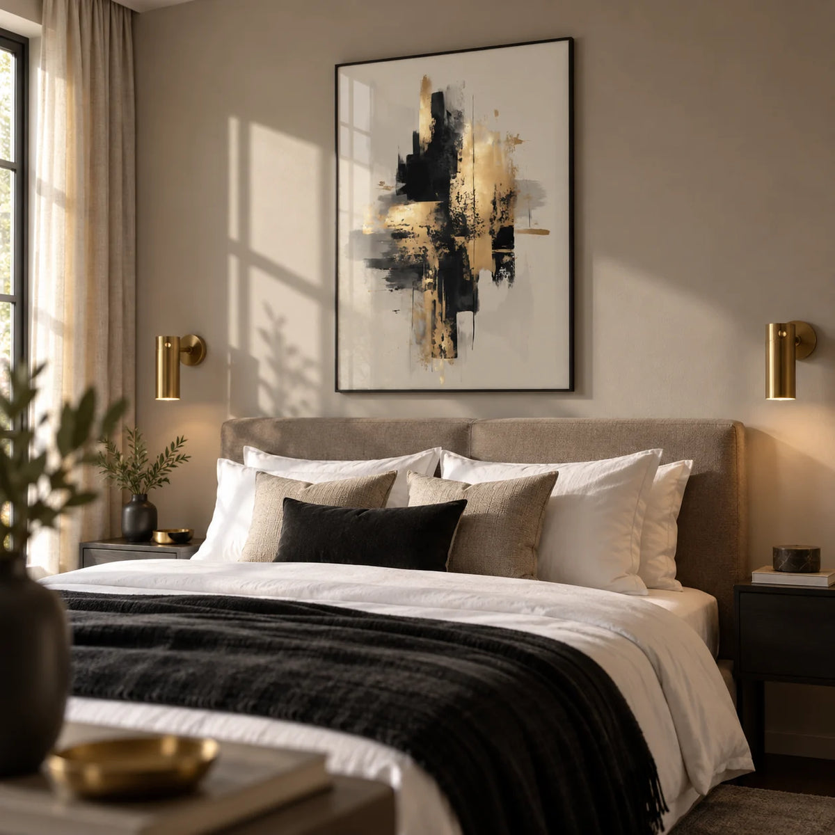 Gold Wabi Sabi Print, framed on the wall of a hotel-style bedroom with a greige wall