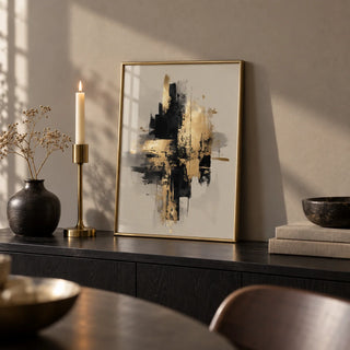 Gold Wabi Sabi Print, a small A4 framed print leaning on a black sideboard in a living room