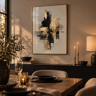 Gold Wabi Sabi Print, framed on the wall of a smart dining room with a warm taupe wall