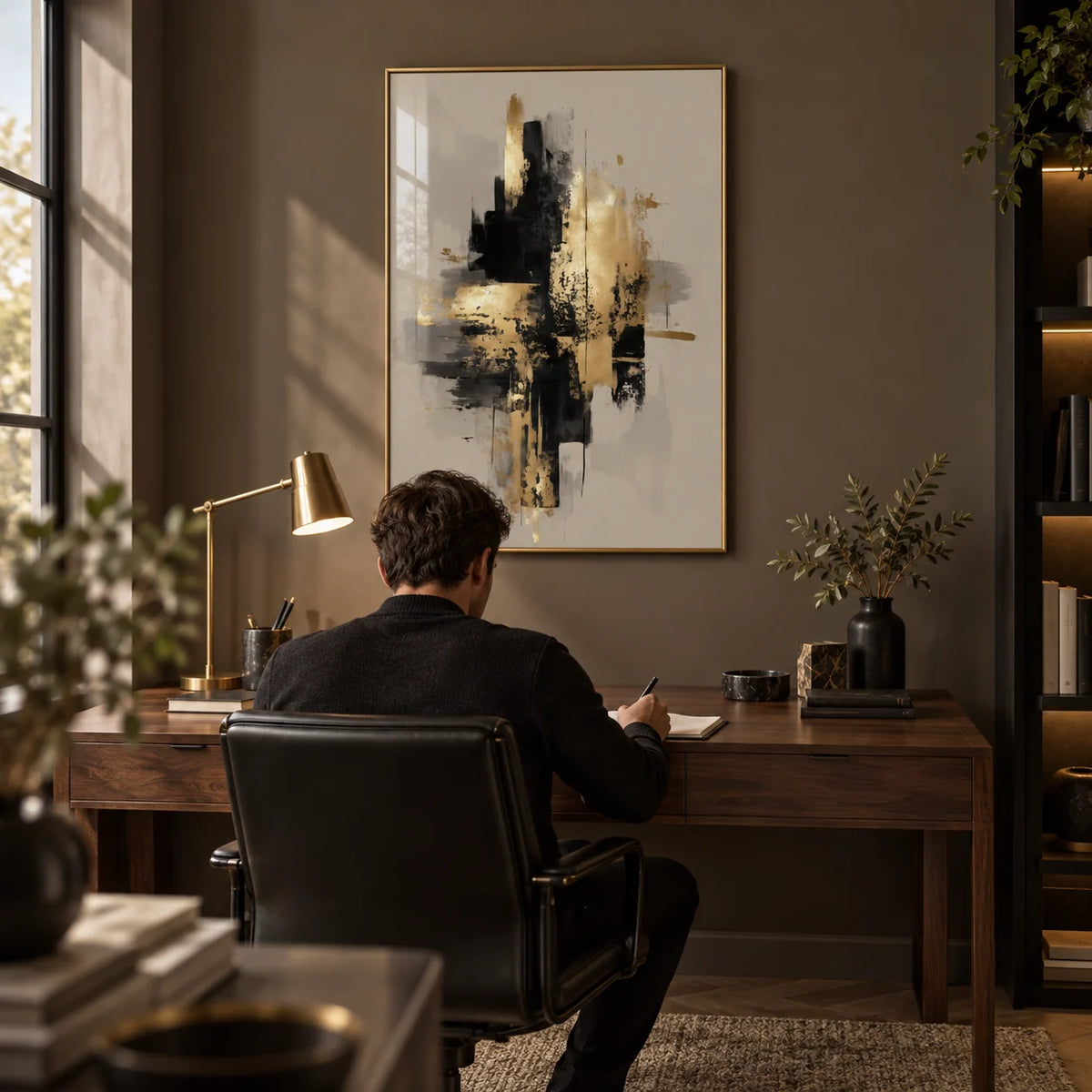 Gold Wabi Sabi Print, framed on the wall of a smart home study with a dark taupe wall