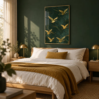 Golden Crane Wall Art, framed on the wall of a calm bedroom with a deep green painted wall behind the bed