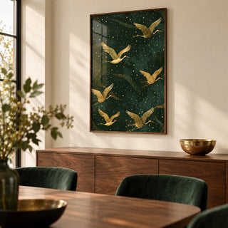 Golden Crane Wall Art, framed on the wall of a elegant dining room
