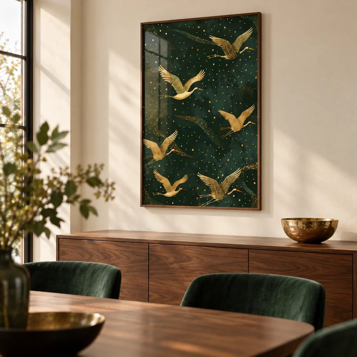 Golden Crane Wall Art, framed on the wall of a elegant dining room