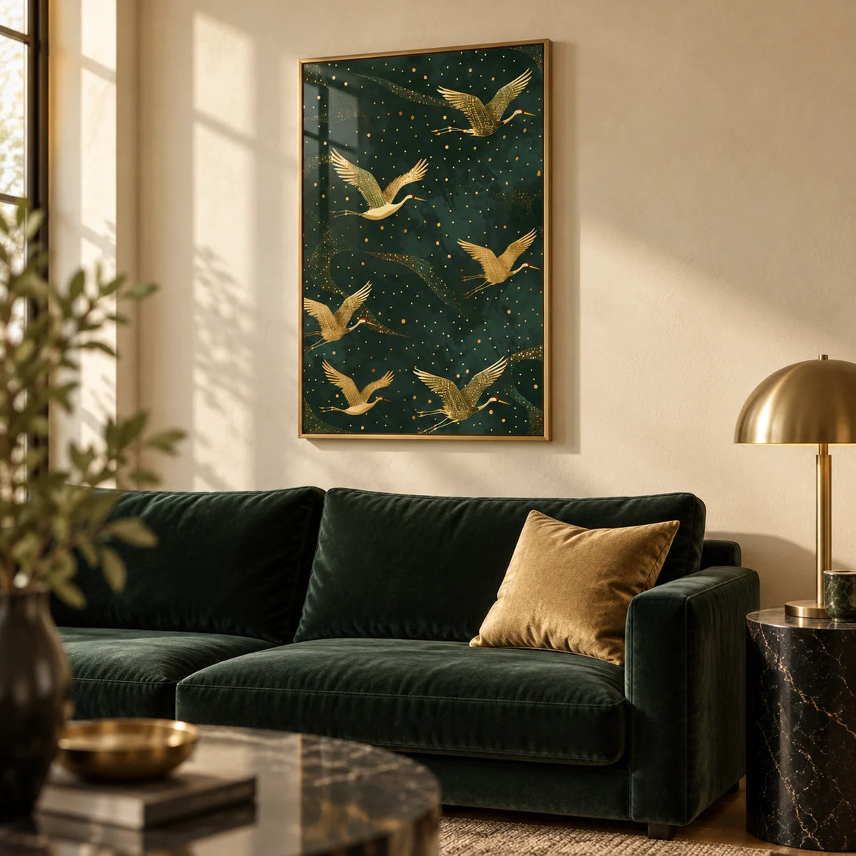 Golden Crane Wall Art, framed on the wall of a elegant living room