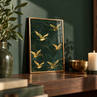 Golden Crane Wall Art, a small A4 framed print leaning on a walnut shelf in a living room