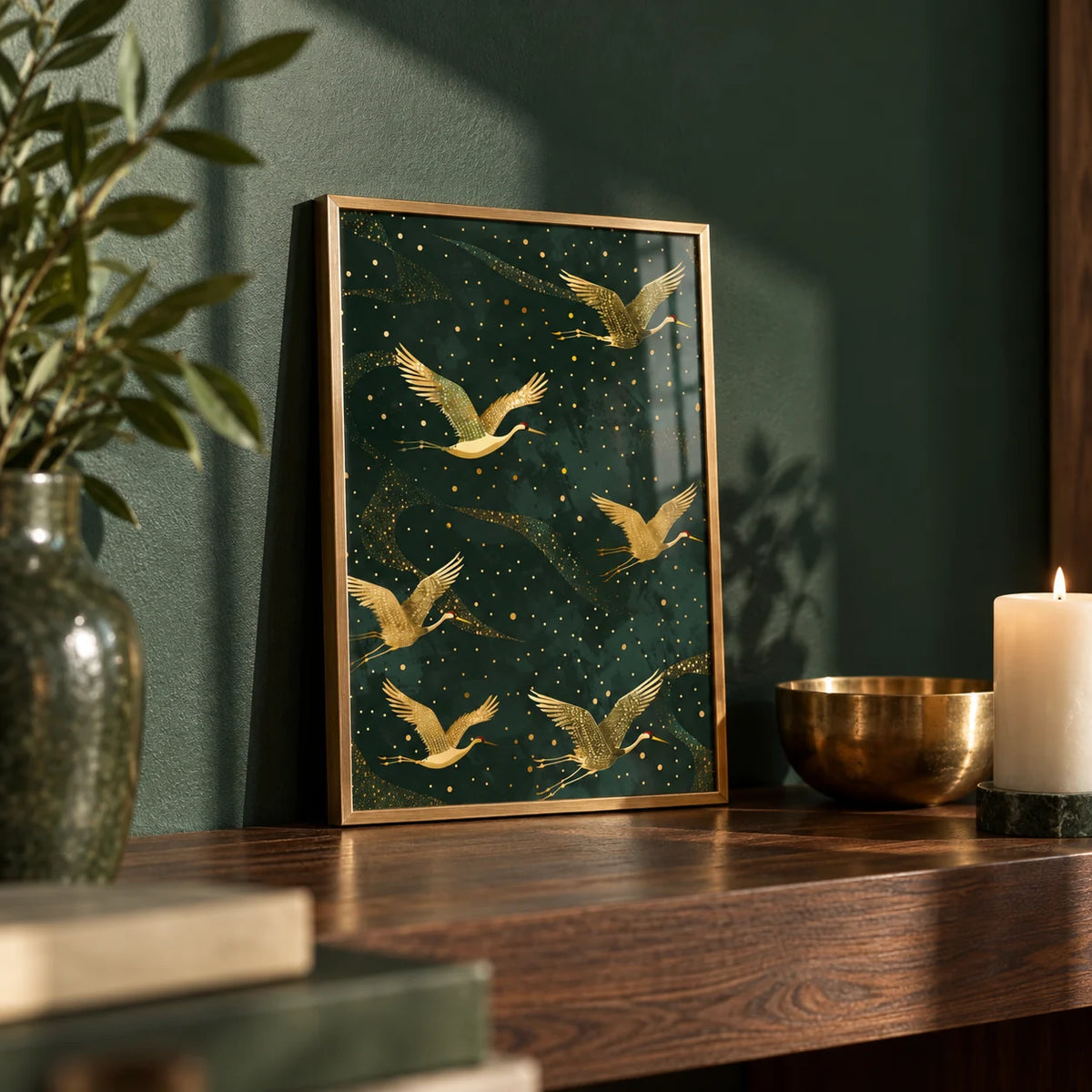 Golden Crane Wall Art, a small A4 framed print leaning on a walnut shelf in a living room