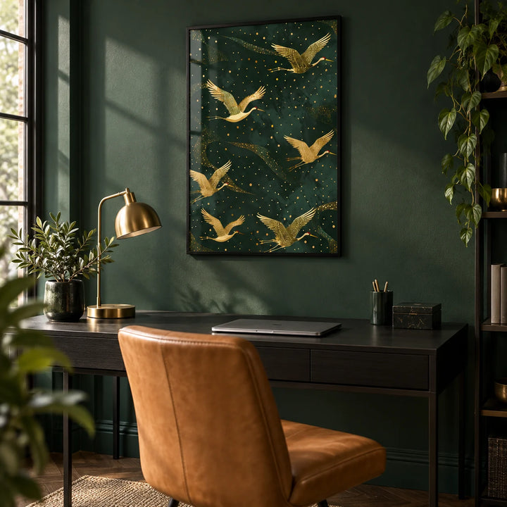 Golden Crane Wall Art, framed on the wall of a stylish home office with dark green painted walls