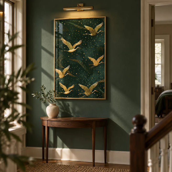 Golden Crane Wall Art, framed on the wall of a upstairs landing with a deep green wall