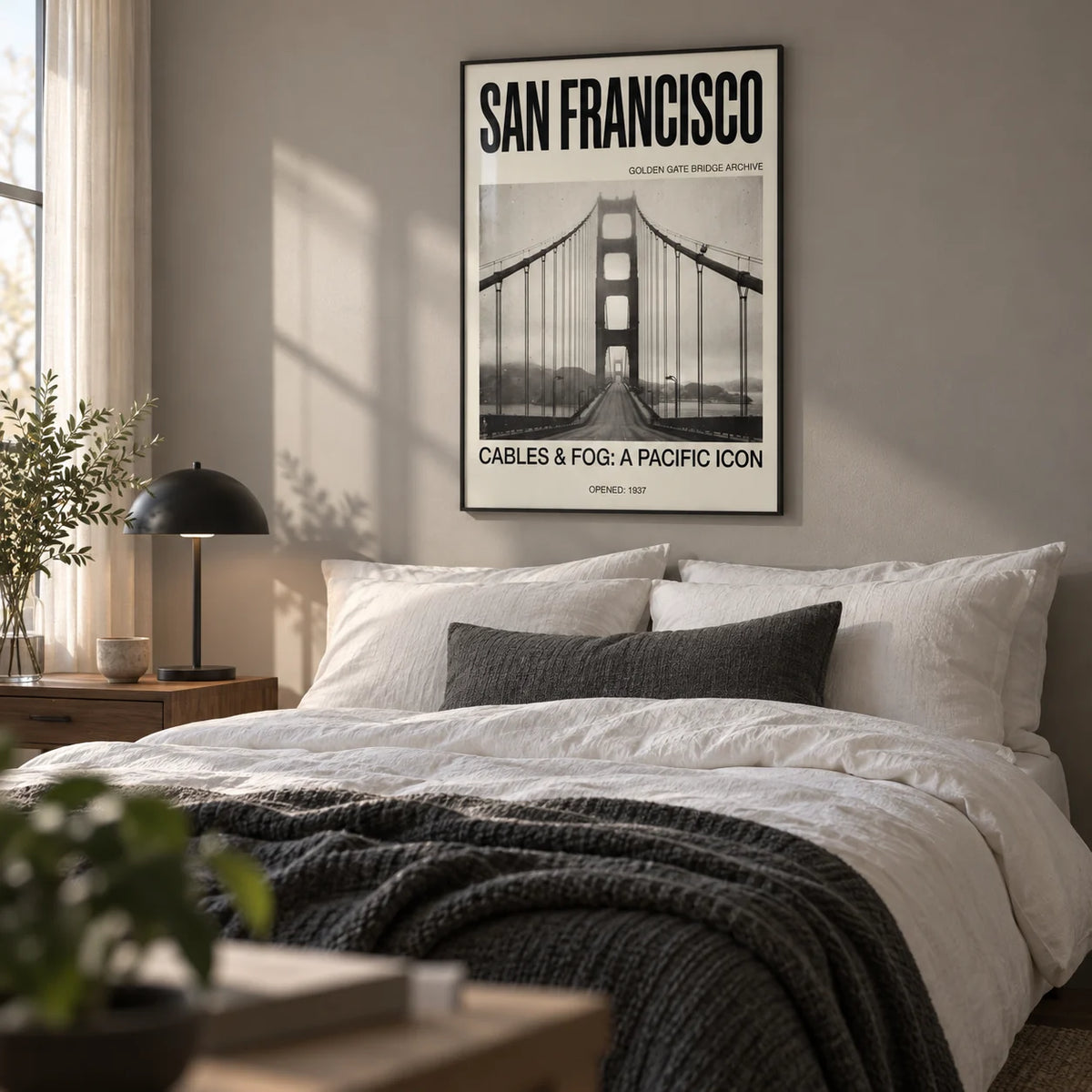 Golden Gate Bridge Art Print, framed on the wall of a calm bedroom with a fog grey wall
